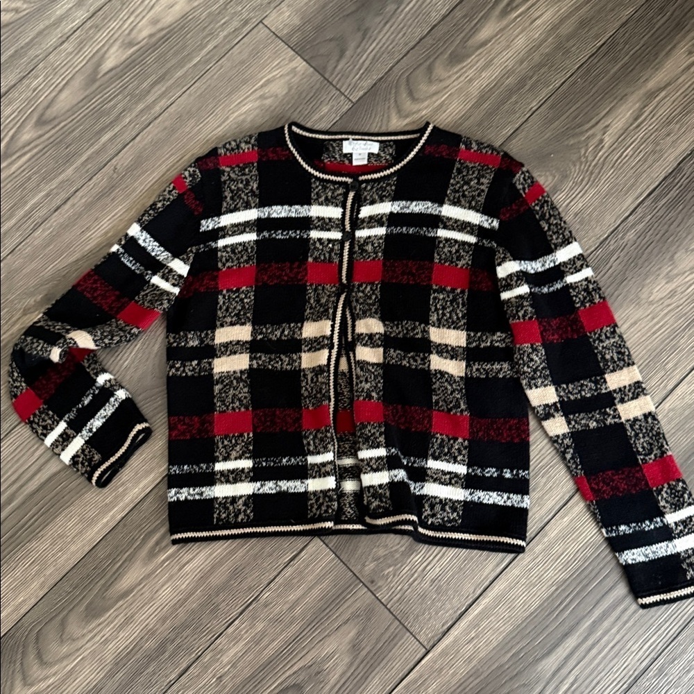 Christopher & Banks Plaid Cardigan - Black, Red, Tan